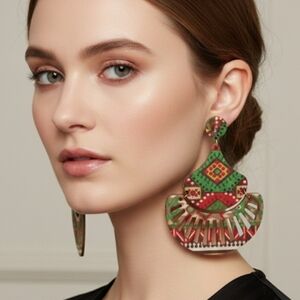 Long, lightweight wooden earrings, wooden earrings with tapestry prints. 8 cm